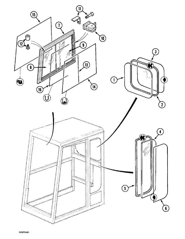 Схема запчастей Case 170C - (9-092) - CAB, CAB GLASS, INSULATION AND SEALS, P.I.N. 02321 AND AFTER (09) - CHASSIS