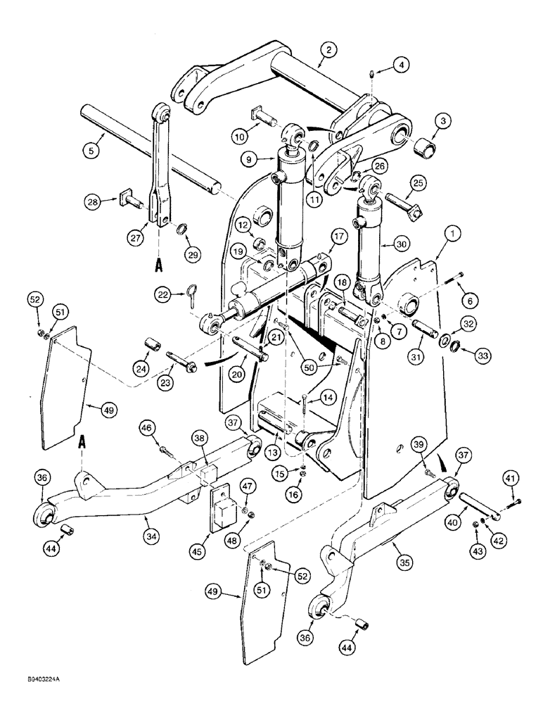 Схема запчастей Case 480F LL - (9-075A) - THREE-POINT HITCH DRAFT ARMS, LINKAGE, & CYL., MODELS W/FLAT HITCH FRAME SIDES & 28-1/2" ROACKSHAFT (09) - CHASSIS/ATTACHMENTS