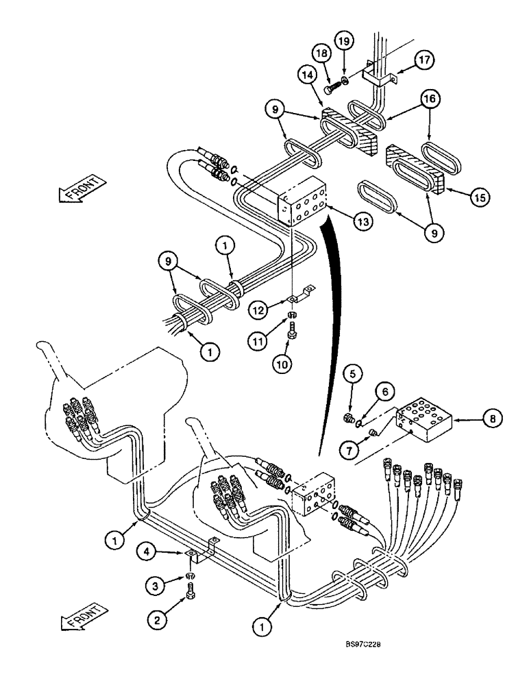 Схема запчастей Case 9040B - (8-024) - SHUTTLE VALVE AND PEDAL CONTROL HOSE SUPPORTS (08) - HYDRAULICS