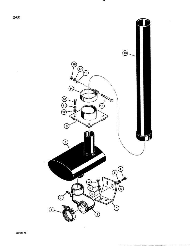Схема запчастей Case 455C - (2-68) - MUFFLER MOUNTING AND EXHAUST PARTS, MODELS WITH A TURBOCHARGER, IF USED (02) - ENGINE