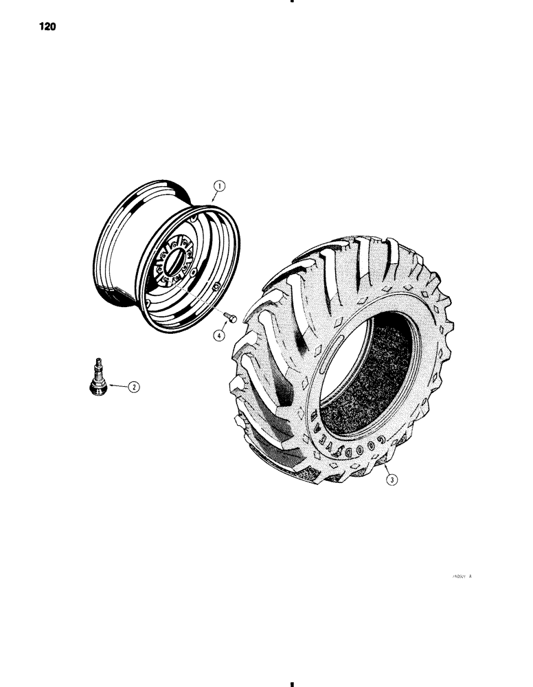 Схема запчастей Case 584C - (120) - FRONT WHEELS AND TIRES, 16.9 X 24 AND 17.5L X 24 FIXD DISC WHL, 19.5L X 24 FIXD DISC WHL, WHEEL BOLT (44) - WHEELS