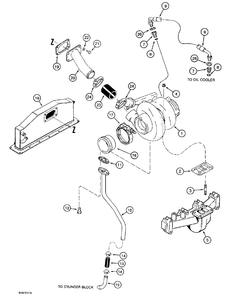 Схема запчастей Case 9020B - (2-040) - TURBOCHARGER SYSTEM, 4TA-390 EMISSIONS CERTIFIED ENGINE,P.I.N. DAC02#2001 AND AFTER (02) - ENGINE