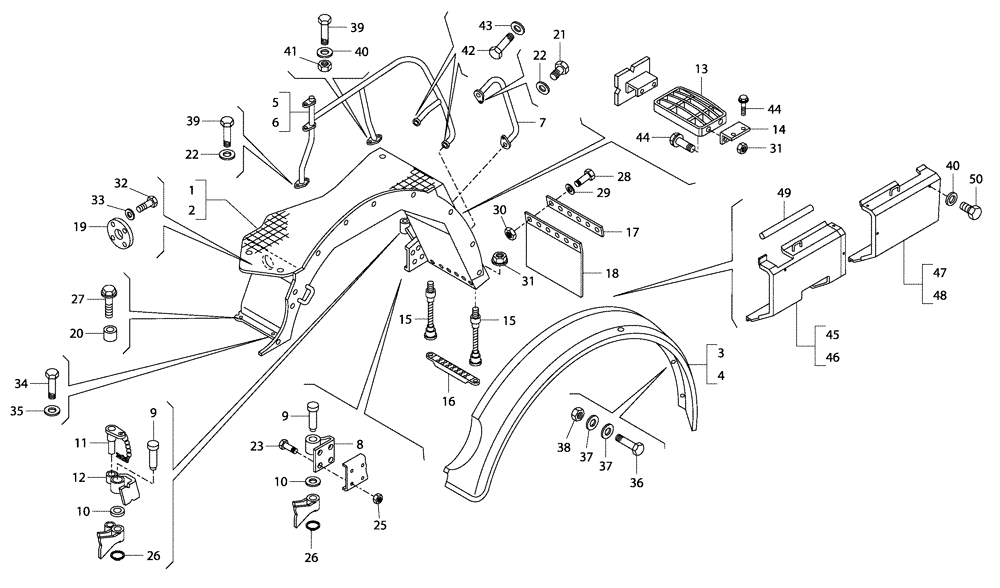 Схема запчастей Case 340 - (60A00010574[001]) - FRONT MUDGUARDS (87458255) (90) - PLATFORM, CAB, BODYWORK AND DECALS