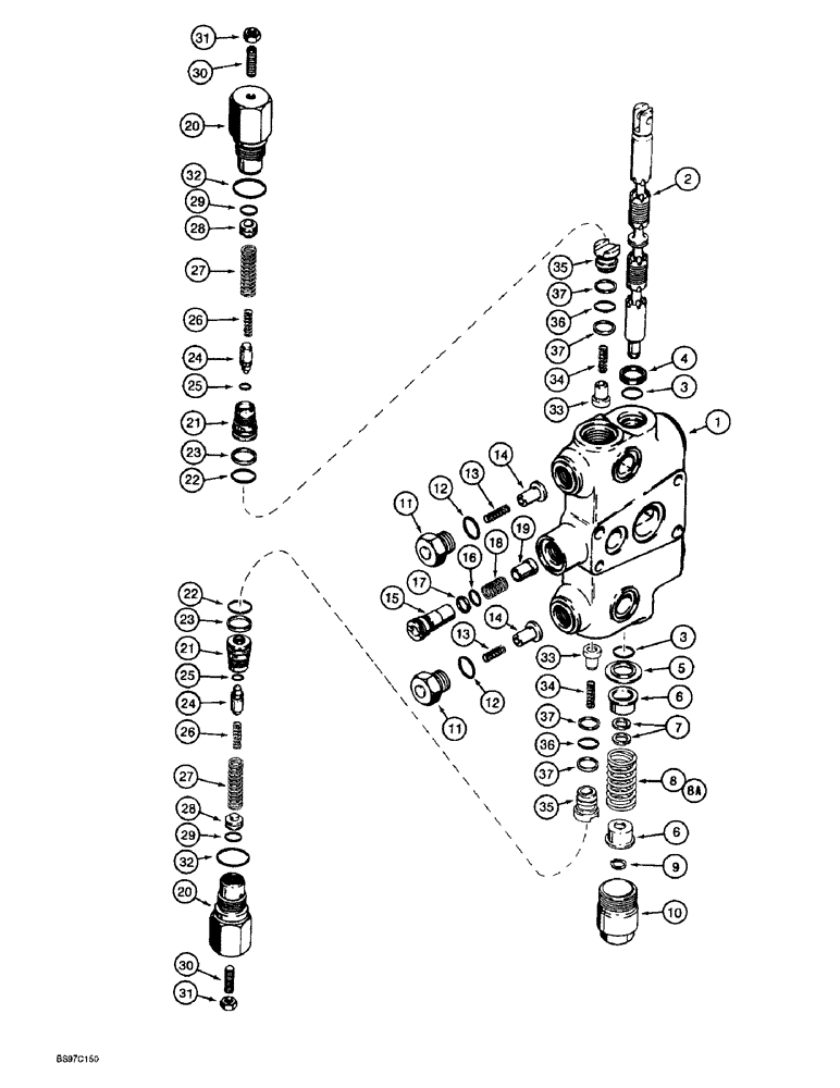 Схема запчастей Case 590L - (8-126) - 241088A3 BACKHOE CONTROL VALVE, SWING SECTIONS (08) - HYDRAULICS