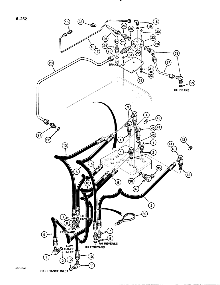 Схема запчастей Case 1450B - (6-252) - TRANSMISSION HYDRAULIC CIRCUITS, CONTROL VALVE TO REAR OF TRANS & BRAKES (06) - POWER TRAIN