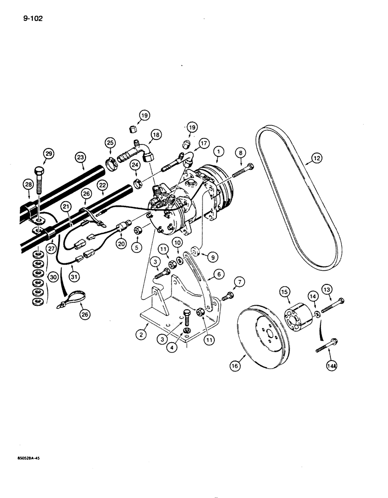Схема запчастей Case 855D - (9-102) - AIR CONDITIONING SYSTEM, COMPRESSOR AND CONNECTIONS (09) - CHASSIS/ATTACHMENTS