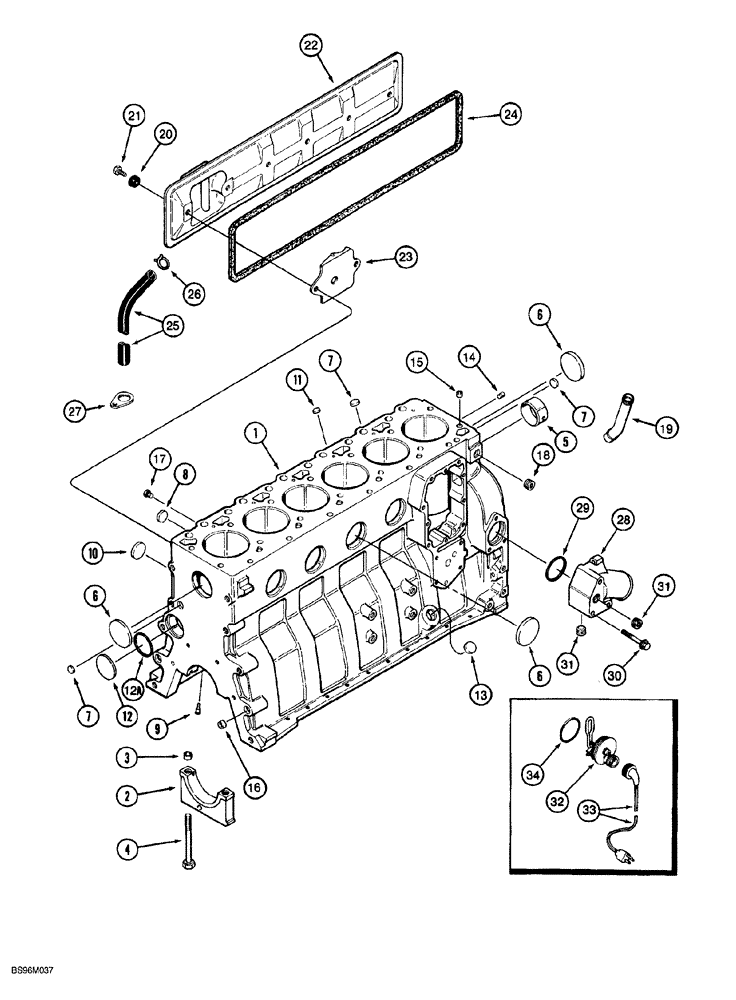 Схема запчастей Case 1150G - (2-038) - CYLINDER BLOCK, 6T-590 ENGINE, PRIOR TO JJG0218023 AND JJG0218024 - JJG0218478 (01) - ENGINE