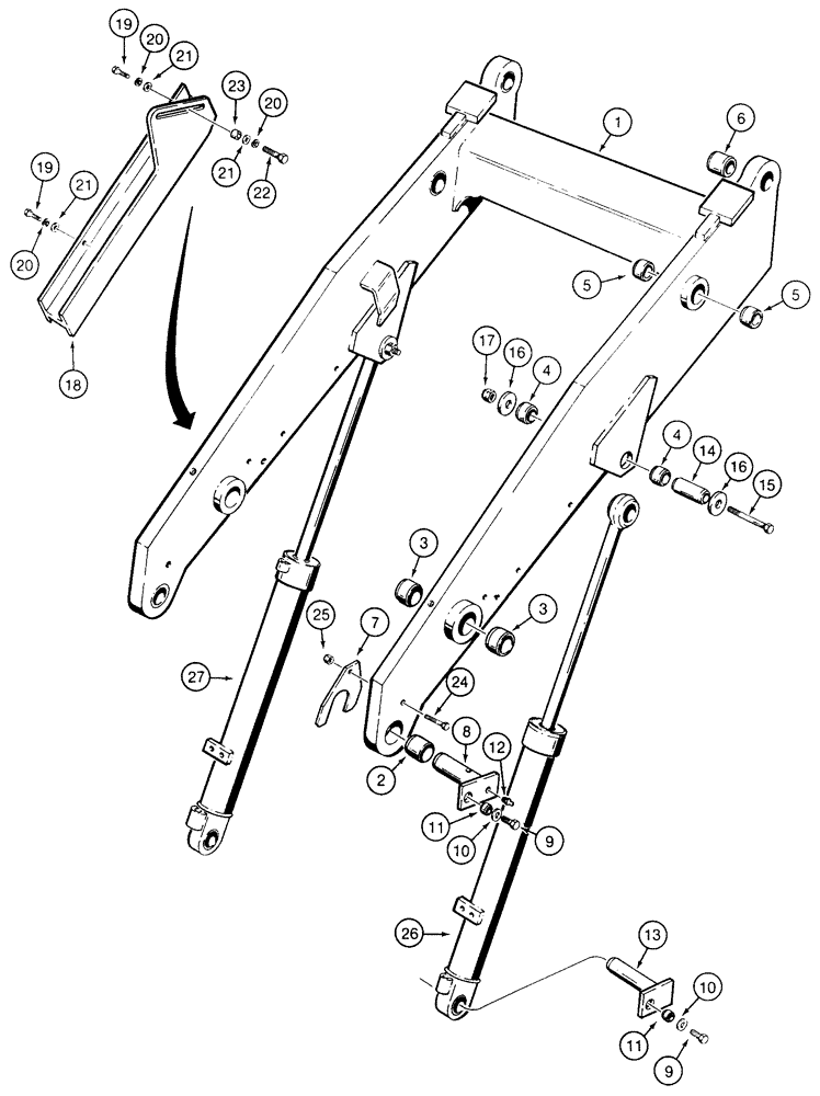 Схема запчастей Case 855E - (9-002) - LOADER LIFT FRAME, LIFT CYLINDERS AND STRUT (09) - CHASSIS/ATTACHMENTS