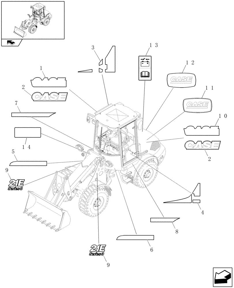 Схема запчастей Case 21E - (621/01[02]) - DECAL KIT DESIGN (08) - SHEET METAL/DECALS