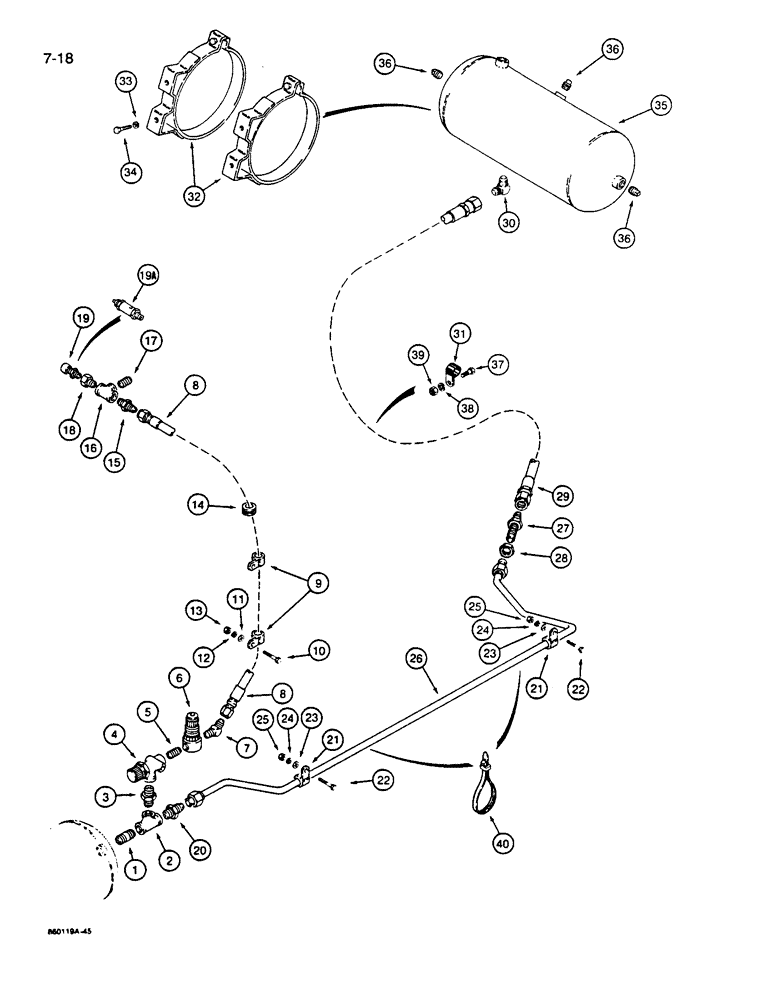 Схема запчастей Case W14B - (7-18) - BRAKE SYSTEM, REAR RESERVOIR TO HYDRAULIC TANK AND FRONT RESERVOIR (07) - BRAKES