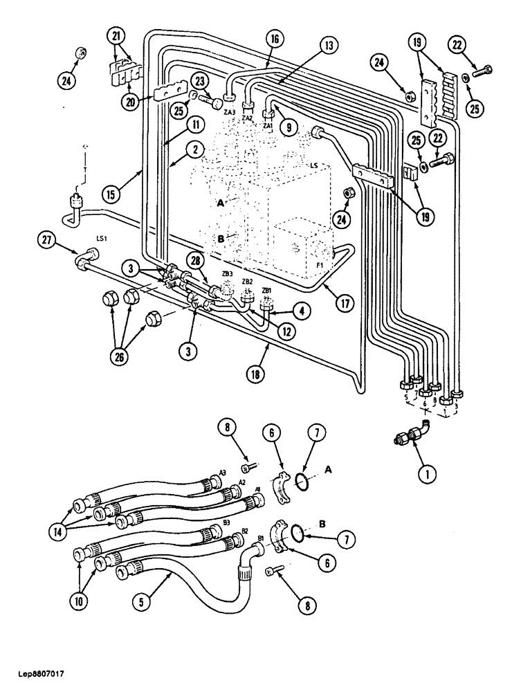 Схема запчастей Case 688 - (8-074) - HYDRAULIC CONTROL CIRCUIT, TO SOLENOID AND ATTACHMENT CONTROL VALVES (08) - HYDRAULICS