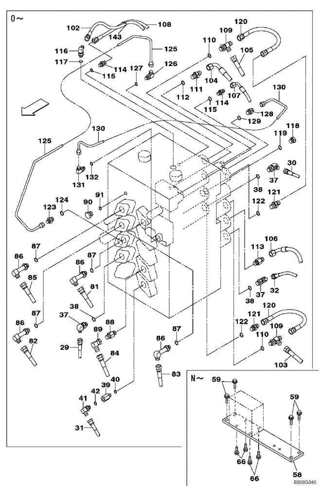 Схема запчастей Case CX470B - (08-38) - PILOT CONTROL LINES, CONTROL VALVE - STANDARD (08) - HYDRAULICS
