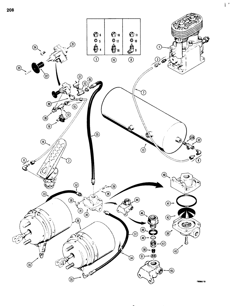 Схема запчастей Case 680G - (208) - BRAKE SYSTEM, PARKING BRAKE CONTROLS AND QUICK RELEASE VALVE (07) - BRAKES