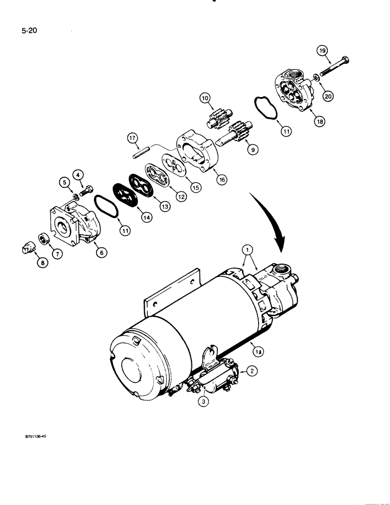 Схема запчастей Case 821 - (5-020) - AUXILIARY STEERING PUMP AND MOTOR ASSEMBLY (05) - STEERING