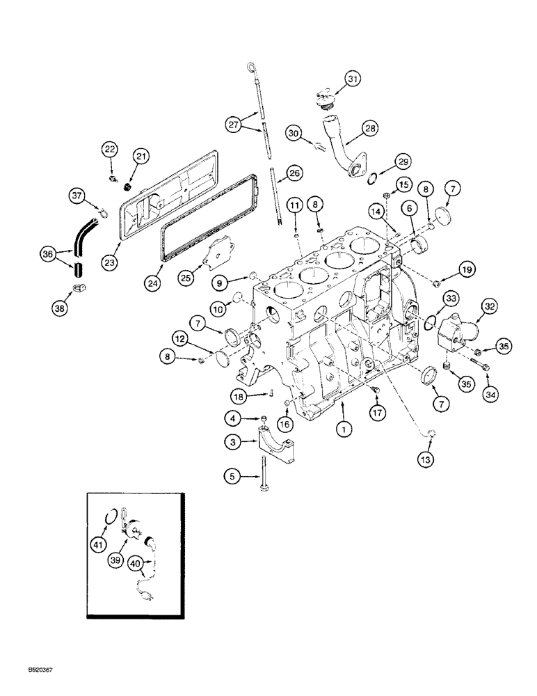 Схема запчастей Case 480F LL - (2-32) - CYLINDER BLOCK, 4-390 ENGINE, USES 9 MM FUEL INJECTOR NOZZLE, PRIOR TO ENGINE S/N 44511034 (02) - ENGINE