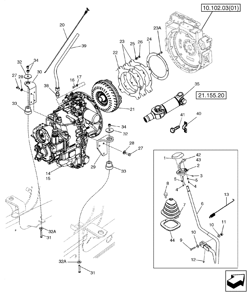 Схема запчастей Case 580SN - (21.112.04[02]) - TRANSMISSION - MOUNTING (MODELS WITHOUT POWERSHIFT) (580SN, 580SN WT AND 590SN) (21) - TRANSMISSION