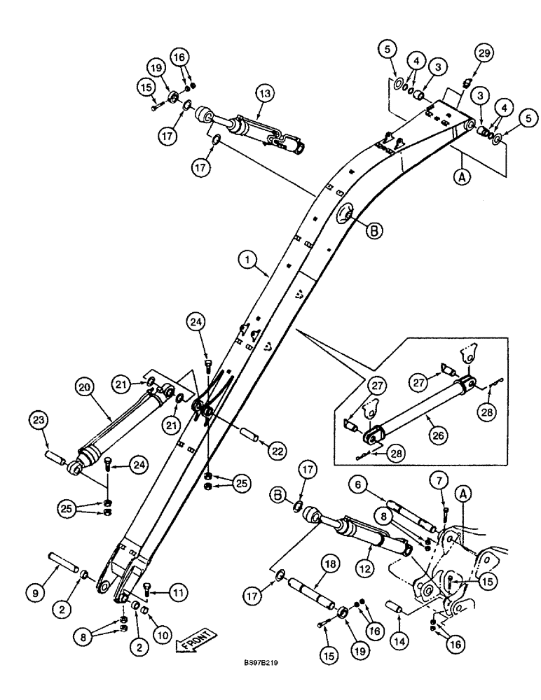 Схема запчастей Case 9040B - (9-092) - BOOM, MOUNTING PINS AND CYLINDERS, LONG REACH (25 FT. 11 INCH ARM) MODELS ONLY (09) - CHASSIS