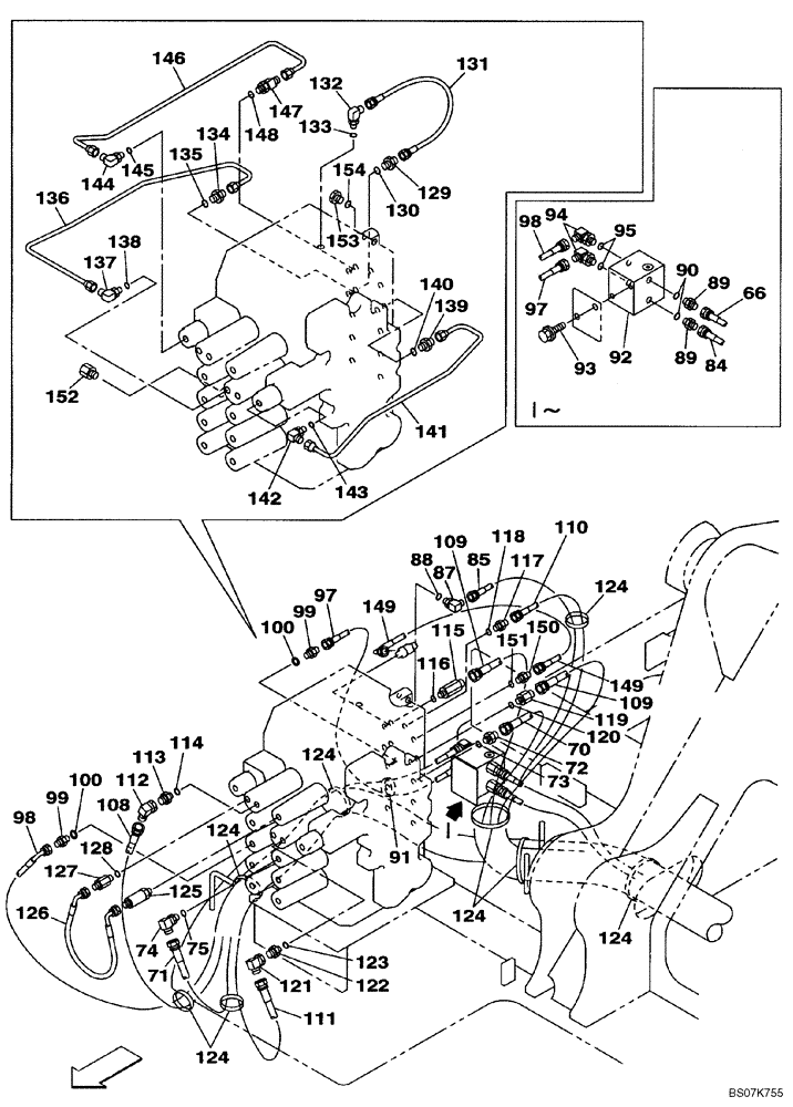 Схема запчастей Case CX225SR - (08-07) - PILOT CONTROL LINES, CONTROL VALVE - OPTIONAL (2-WAY) - WITH DOZER BLADE (08) - HYDRAULICS