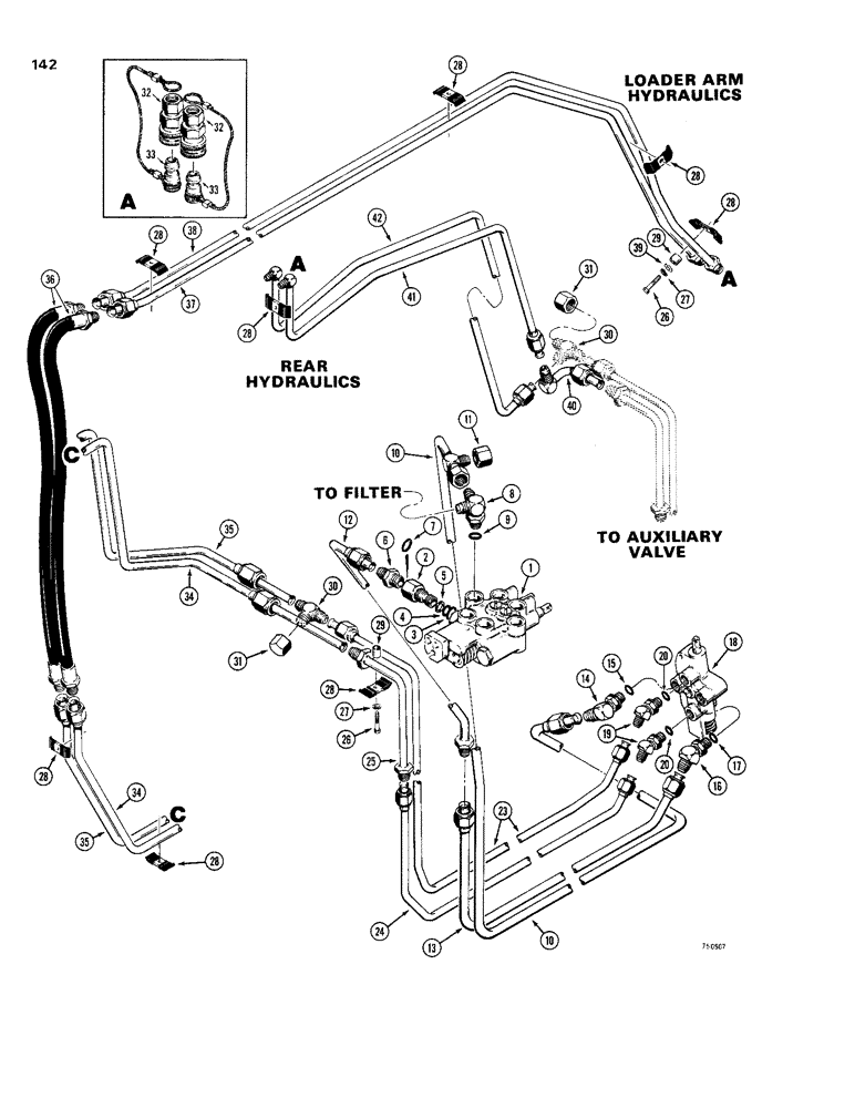 Схема запчастей Case 1830 - (142) - AUXILIARY HYDRAULICS USED WITH CESSNA VALVE LOADER ARM AND REAR HYDRAULICS WITHOUT DIVERTER VALVE (35) - HYDRAULIC SYSTEMS