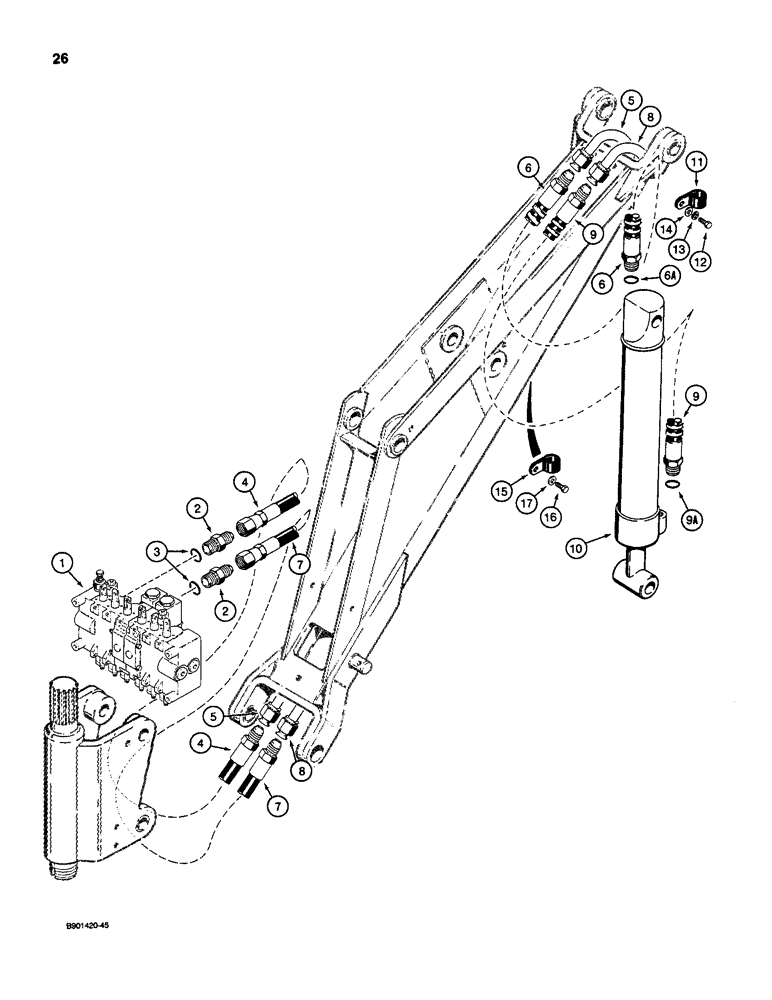 Схема запчастей Case D130 - (7-026) - BACKHOE BUCKET CYLINDER HYDRAULIC CIRCUIT, USED ON 1835C, 1840 & 1845C UNI-LOADERS W/ DUKE VALVE 