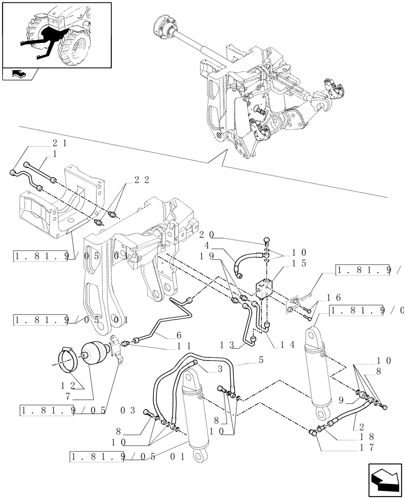 Схема запчастей Case IH PUMA 165 - (1.81.9/05[02]) - (VAR.092) FRONT HPL WITH PTO, LESS AUX. COUPLERS - PIPES (07) - HYDRAULIC SYSTEM