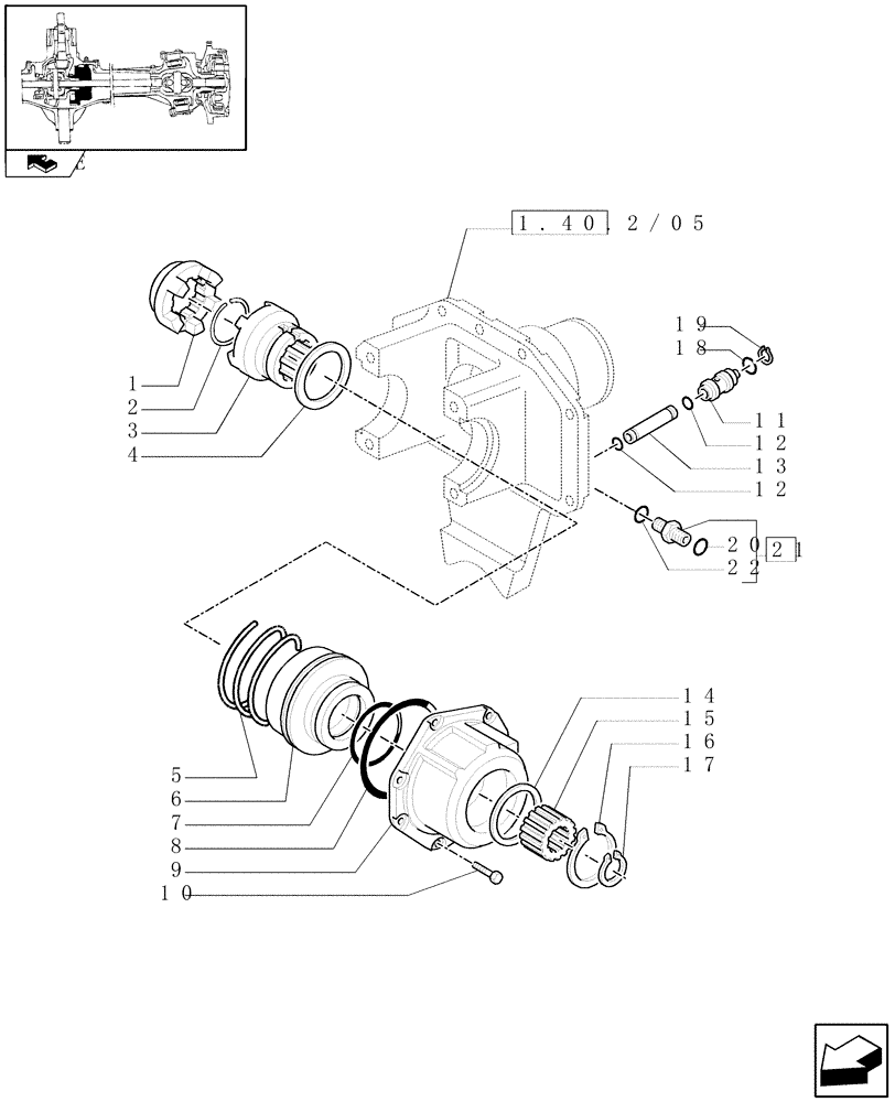 Схема запчастей Case IH PUMA 140 - (1.40.2/07[02]) - (CL.3) SUSPENDED FRONT AXLE WITH HYDR. DIFFER. LOCK AND STEERING SENSOR - DIFFERENTIAL LOCK (VAR.330414) (04) - FRONT AXLE & STEERING