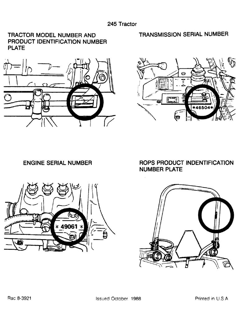 Схема запчастей Case IH 245 - (1-04) - TRACTOR MODEL NUMBER AND PIN PLATE, TRANSMISSION AND ENGINE SERIAL NUMBER ROPS PIN PLATE (00) - PICTORIAL INDEX