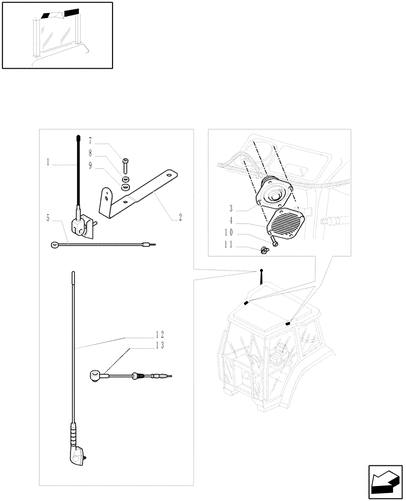 Схема запчастей Case IH JX1100U - (1.91.7/07) - (VAR.047) ROOF LOW PROFILE - RADIO SET PREARRANGEMENT - ANTENNA & LOUDSPEAKERS (10) - OPERATORS PLATFORM/CAB