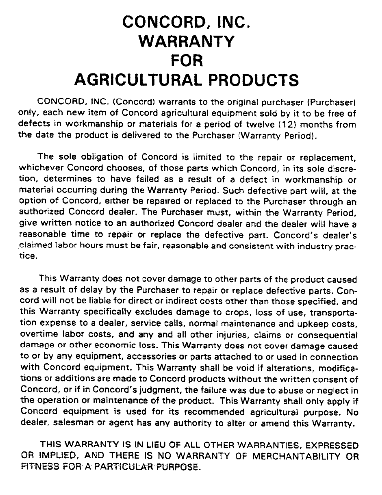 Схема запчастей Case IH AS1502 - (02) - CONCORD, INC., WARRANTY FOR AGRICULTURAL PRODUCTS (00) - GENERAL & PICTORIAL INDEX