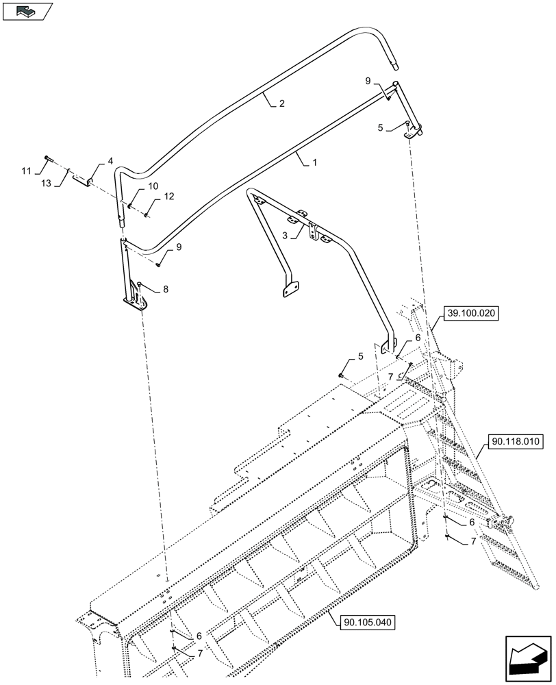 Схема запчастей Case IH LB434S - (90.118.020) - HANDRAIL, LH (90) - PLATFORM, CAB, BODYWORK AND DECALS