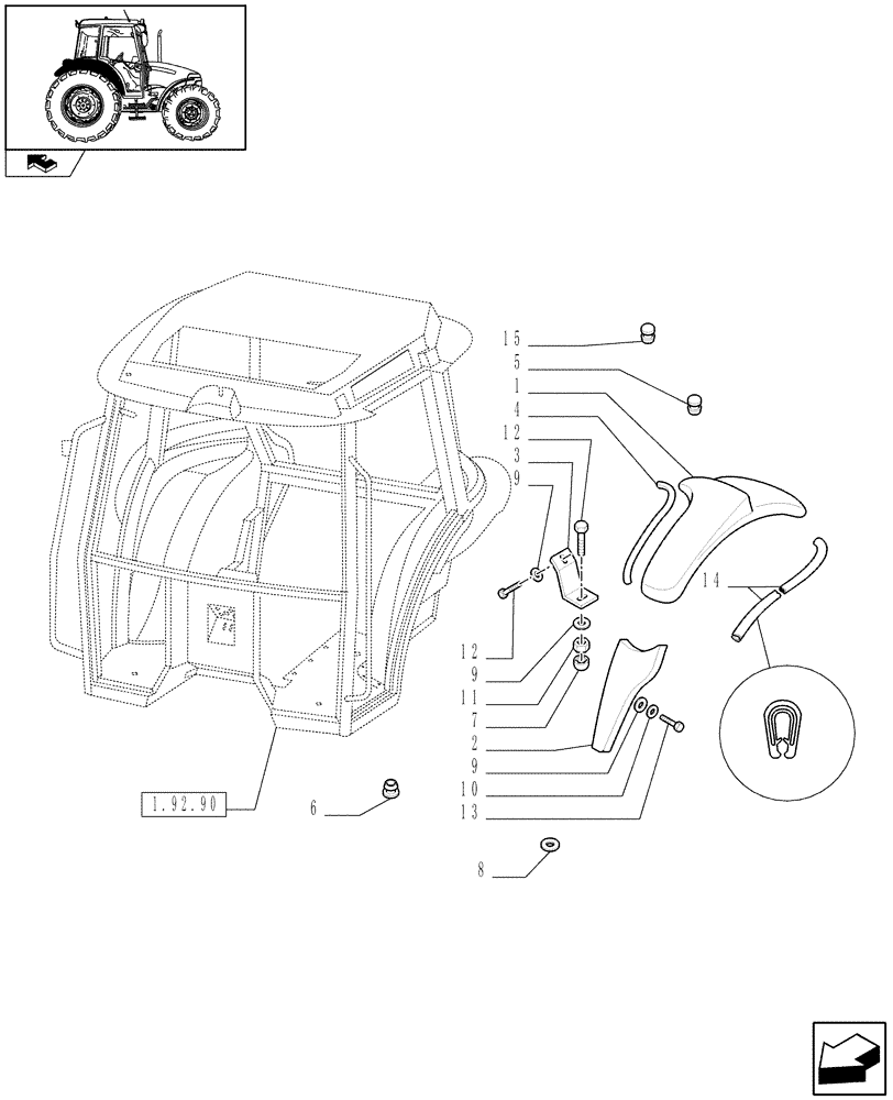 Схема запчастей Case IH FARMALL 95 - (1.92.87[01]) - MUDGUARDS AND FOOTBOARDS - W/CAB (10) - OPERATORS PLATFORM/CAB