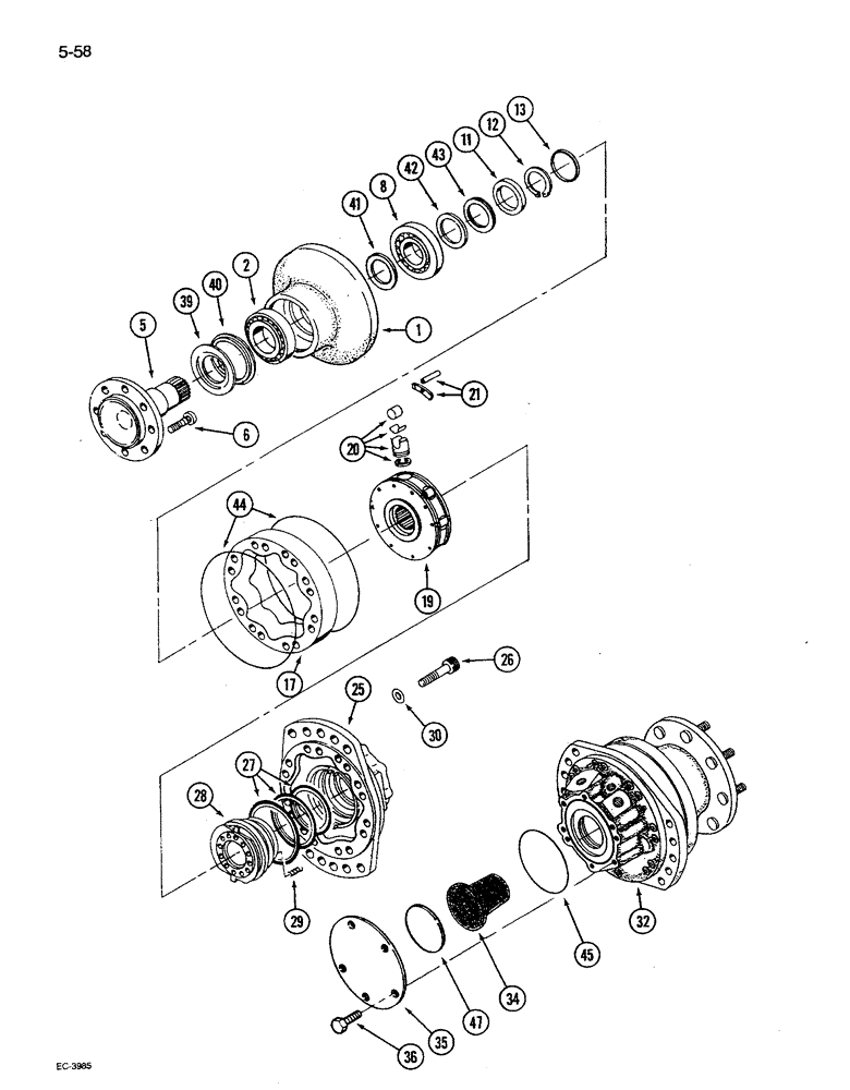 Схема запчастей Case IH 1680 - (5-058) - WHEEL DRIVE MOTOR ASSEMBLY, POWER GUIDE AXLE, RICE COMBINE, P.I.N. JJC0047918 & AFTER (04) - STEERING