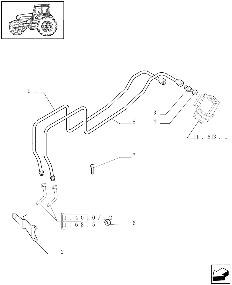 Схема запчастей Case IH JX75 - (1.63.8/01[02]) - POWER STEERING - PUMP AND PIPES (04) - FRONT AXLE & STEERING