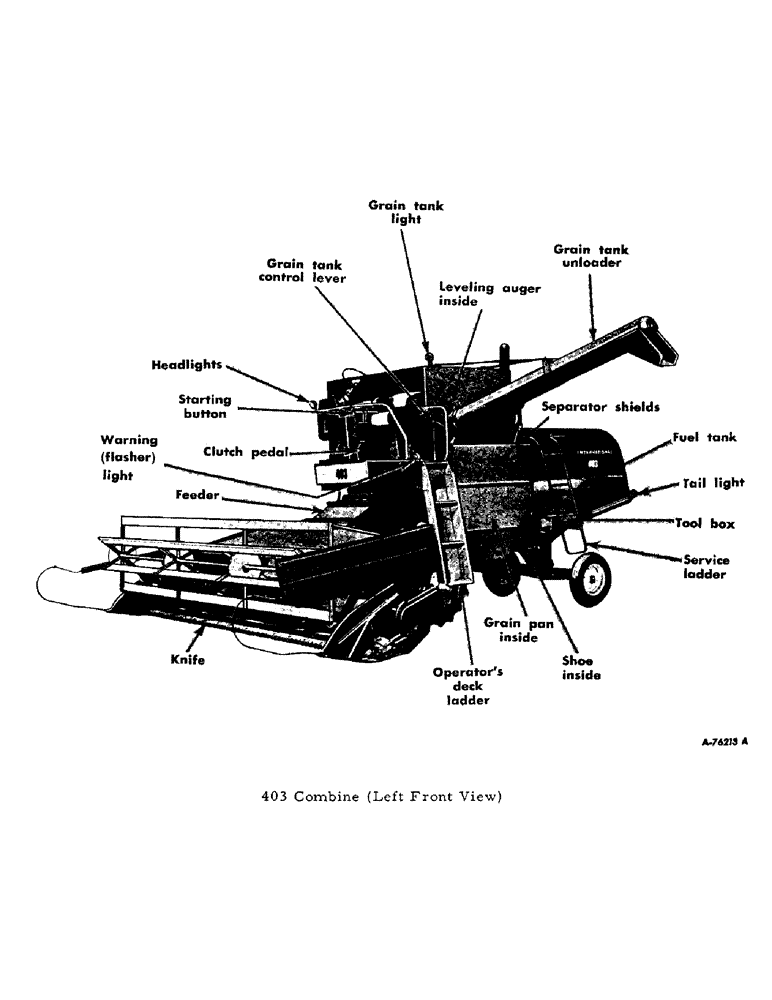 Схема запчастей Case IH 403 - (005) - 403 COMBINE (LEFT FRONT VIEW) (05) - SERVICE & MAINTENANCE