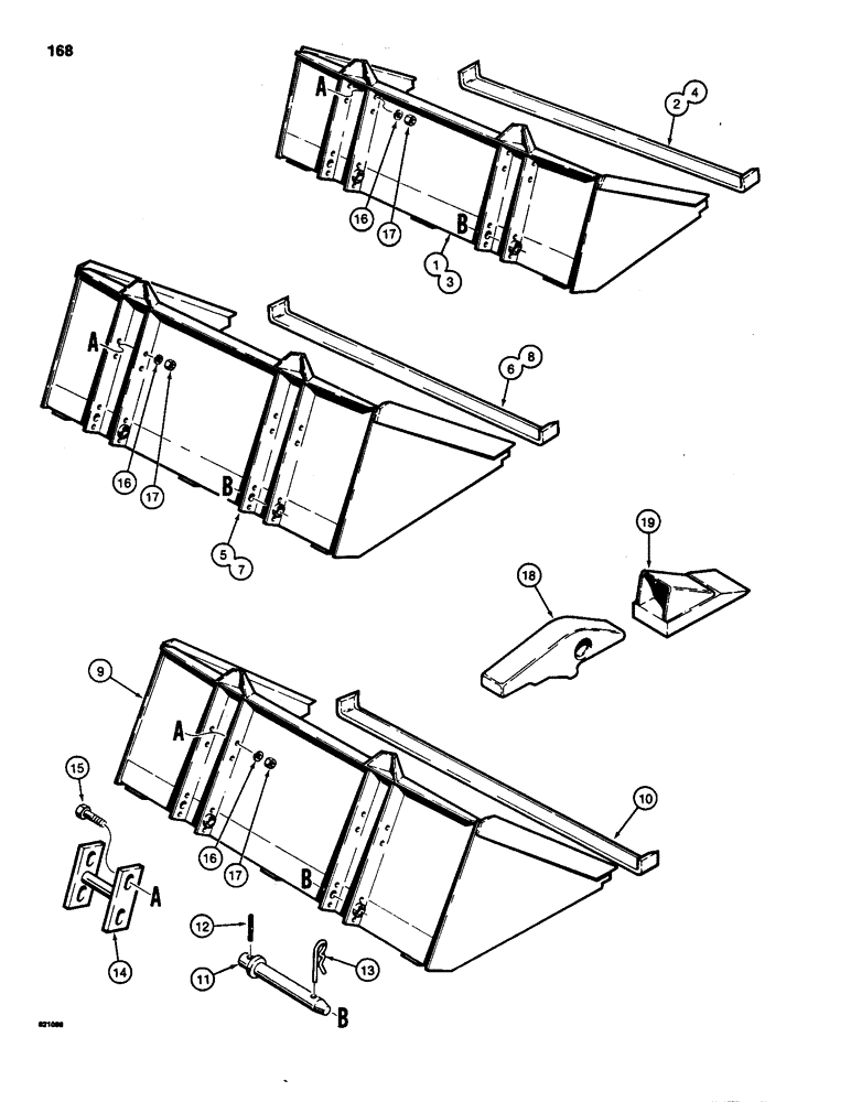 Схема запчастей Case IH 1835 - (168) - BUCKETS, 3" CUTTING EDGE, DIRT BUCKTS, UTLY BCKTS, LT MATRL BCKT, LDR ATTCH BAR MTING, BCKT TEETH (09) - CHASSIS/ATTACHMENTS
