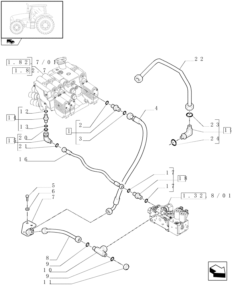 Схема запчастей Case IH PUMA 165 - (1.82.1/02[02]) - (VAR.080-084-212-463) FRONT AXLE WITH ACTIVE SUSPENSIONS - LIFTER LINES (07) - HYDRAULIC SYSTEM