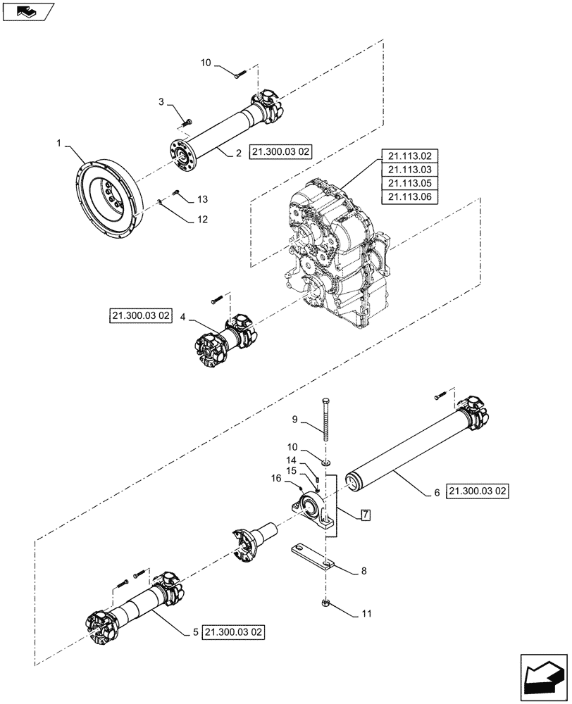 Схема запчастей Case IH QUADTRAC 500 - (21.300.03[01]) - DRIVESHAFT MOUNTING - 500 SERIES AXLE WITH 8.5C OR 9C TRANSMISSION - STEIGER 500, 550 & QUADTRAC 500, 550 (21) - TRANSMISSION