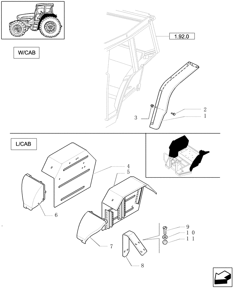 Схема запчастей Case IH JX1100U - (1.92.5/02) - (VAR.870) WIDE MUDGUARDS - BRACKETS - EXTENSIONS (10) - OPERATORS PLATFORM/CAB