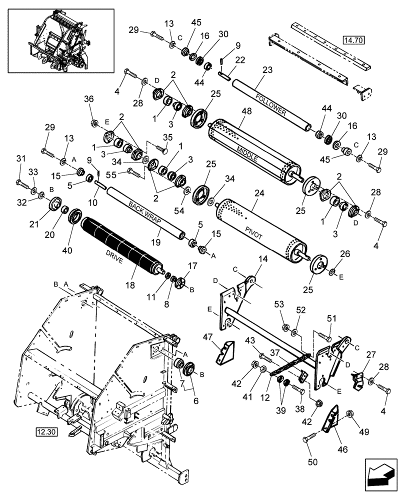 Схема запчастей Case IH RB444 - (12.34) - MAIN FRAME, SLEDGE & SLEDGE ROLLERS (12) - MAIN FRAME
