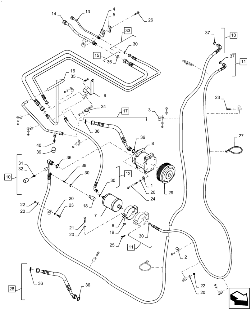 Схема запчастей Case IH STEIGER 400 - (50.200.08) - A/C HOSE - PLUMBING, COMPRESSOR, RECEIVER-DRYER, 9L & 13L, STEIGER 350-450 (50) - CAB CLIMATE CONTROL