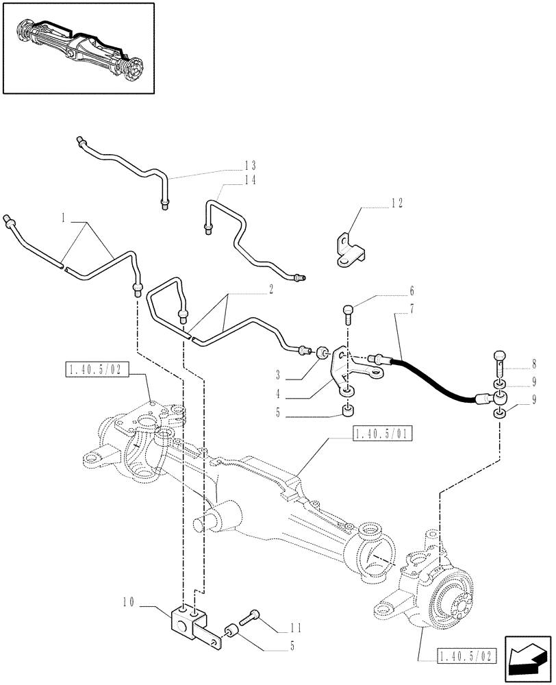 Схема запчастей Case IH MAXXUM 140 - (1.40. 5/14[02]) - (CL.3) SUSPENDED FRONT AXLE W/MULTI-PLATE DIFF. LOCK AND BRAKES - BRAKES PIPES (VAR.330427) (04) - FRONT AXLE & STEERING