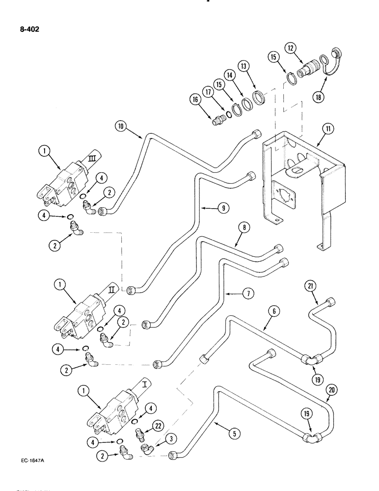 Схема запчастей Case IH 885 - (8-402) - AUXILIARY VALVES, COUPLINGS AND PIPES, WITH CAB, P.I.N. 18001 AND AFTER (08) - HYDRAULICS