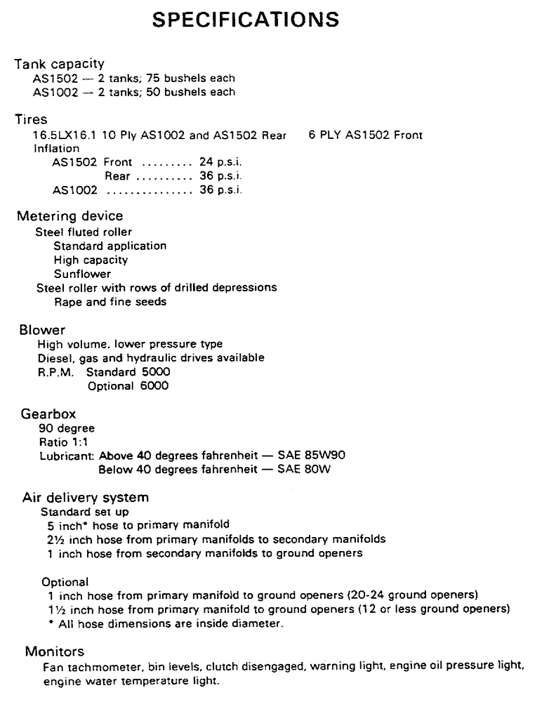 Схема запчастей Case IH AS1502 - (26) - SPECIFICATIONS (05) - SERVICE & MAINTENANCE