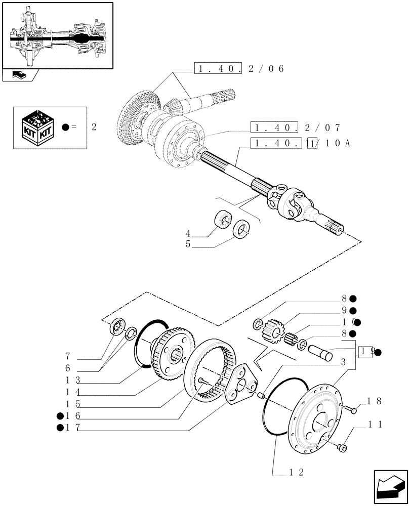 Схема запчастей Case IH PUMA 125 - (1.40. 2/10[01]) - (CL.4) FRONT AXLE W/MULTI-PLATE DIFF.LOCK AND STEERING SENSOR - DIFFER.GEARS AND SHAFT - C5831 (VAR.330408) (04) - FRONT AXLE & STEERING