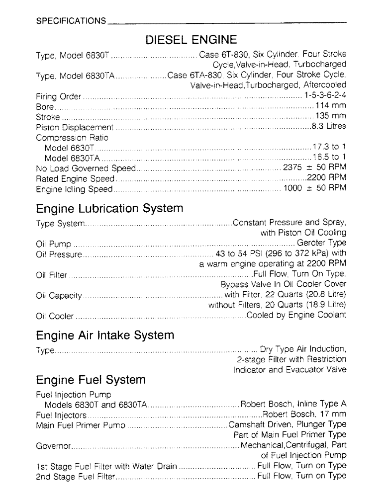 Схема запчастей Case IH 6830TA - (1-43) - SPECIFICATIONS, DIESEL ENGINE, ENGINE LUBRICATION SYSTEM, ENGINE AIR INTAKE SYSTEM, ENG. FUEL SYSTEM 