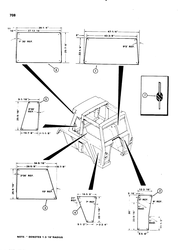 Схема запчастей Case IH 1070 - (0708) - CAB, GLASS (09) - CHASSIS/ATTACHMENTS