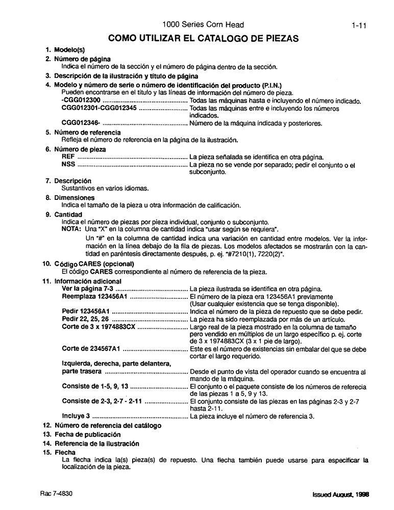 Схема запчастей Case IH 1084 - (01-11) - COMO UTILIZAR EL CATALOGO DE PIEZAS (00) - PICTORIAL INDEX
