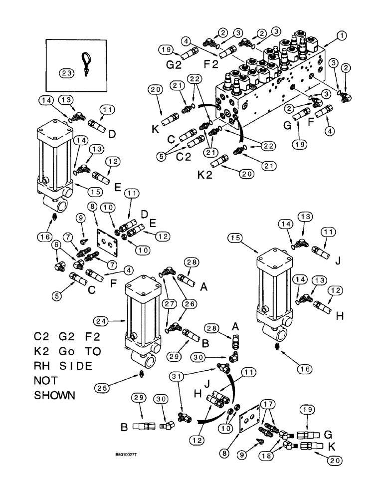 Схема запчастей Case IH 955 - (8-054) - CARRYING WHEEL HYDRAULIC CIRCUIT, W/ VICKERS CONTROL VALVE PLANTERS BUILT UP TO AUG 97 12 ROW NARROW (08) - HYDRAULICS