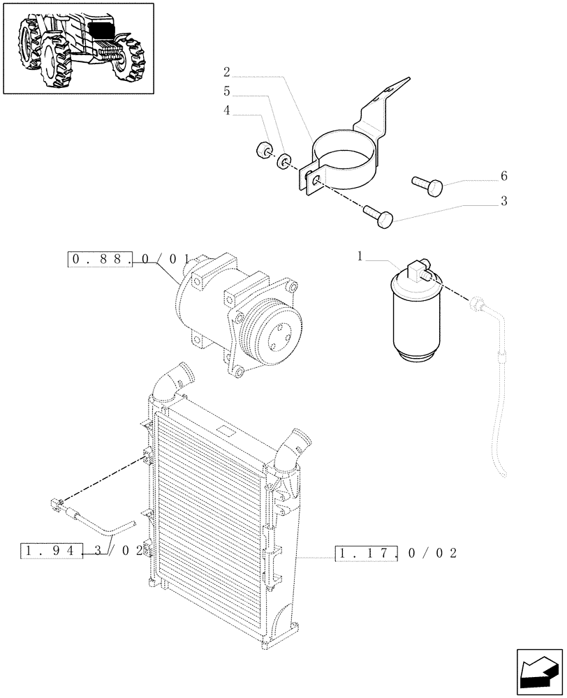 Схема запчастей Case IH MAXXUM 140 - (1.17.2/03) - AIR CONDITIONING - CONDENSER AND DEHYDRATING FILTER FOR AIR CONDITIONING (VAR.330641) (02) - ENGINE EQUIPMENT