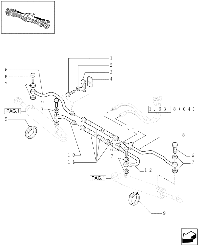 Схема запчастей Case IH JX90 - (1.40.3/12[02]) - (VAR.539) FRONT AXLE - POWER STEERING CYLINDER AND PIPES (04) - FRONT AXLE & STEERING